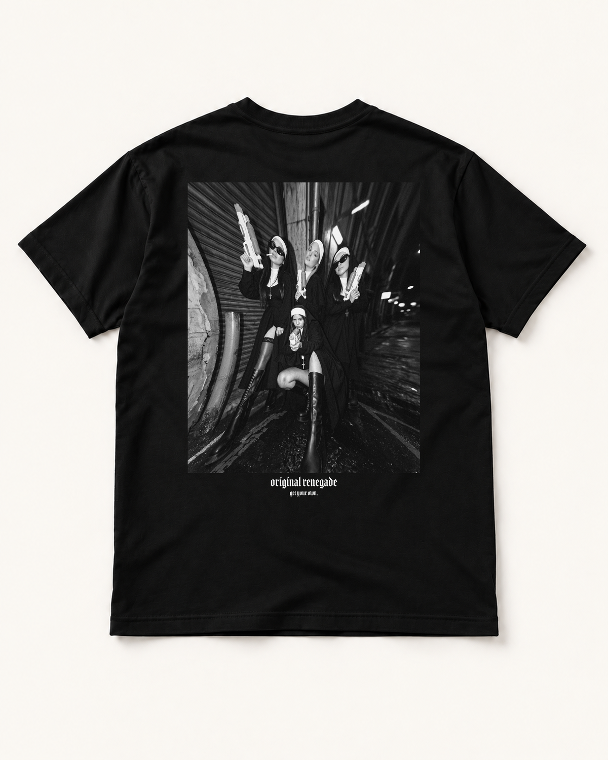 Sinner Sisters black graphic T-shirt back view with large monochrome nun gang photograph and Original Renegade branding