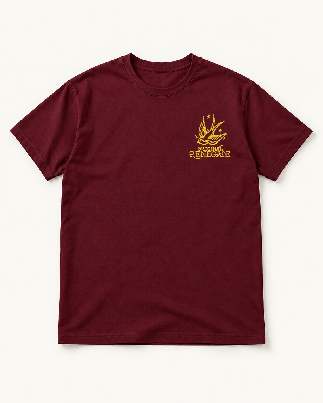 Original Renegade Swallow tee - maroon with mustard left chest print