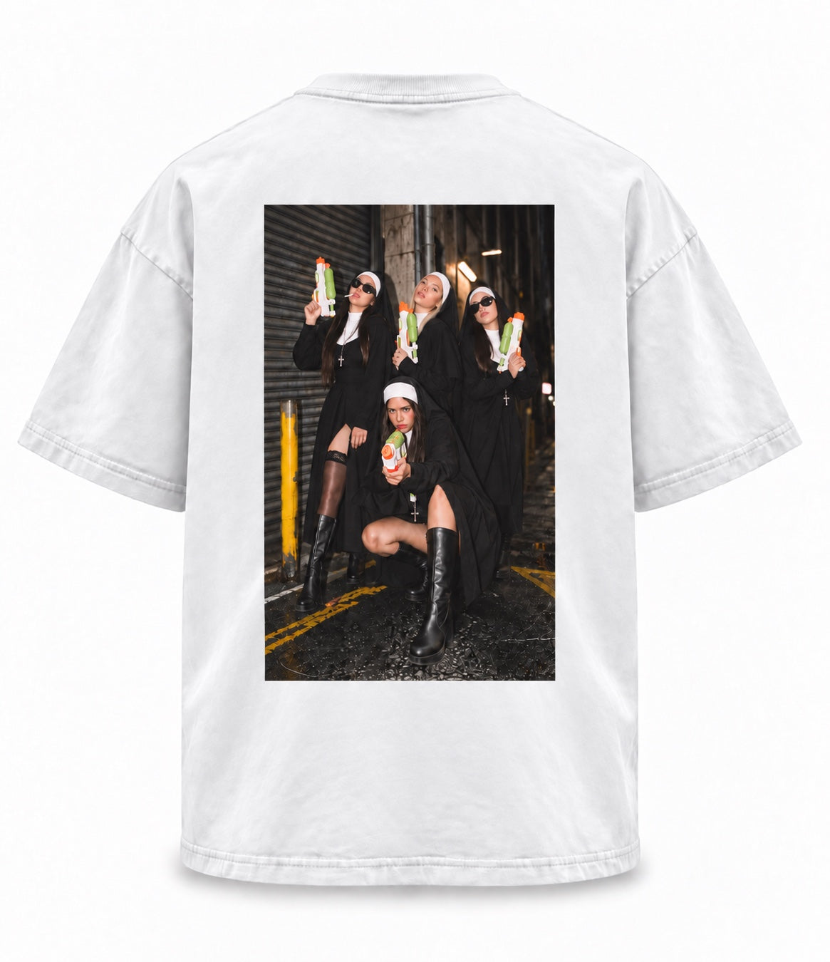 Super Sinner white graphic tee back view with large photographic nun water-pistol print