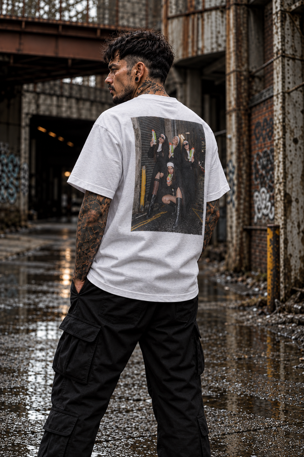 Super Sinner white graphic tee on tattooed male model in gritty alley, alternate rear view