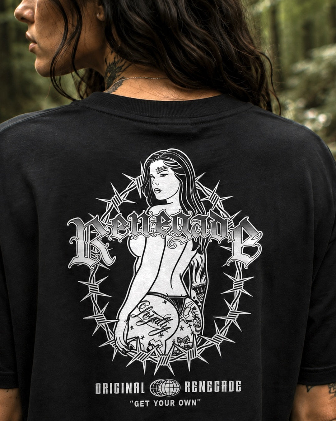 Trouble black heavyweight graphic tee back print close-up lifestyle photo