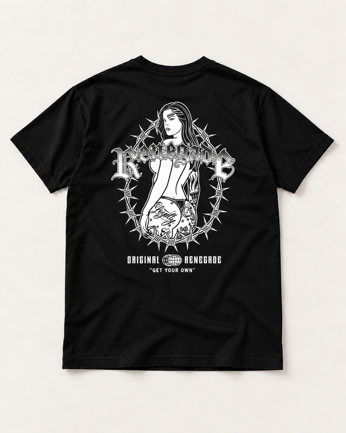 Trouble Tattoo Graphic Tee black flat lay back view on cream background