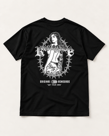 Trouble Tattoo Graphic Tee black flat lay back view on cream background