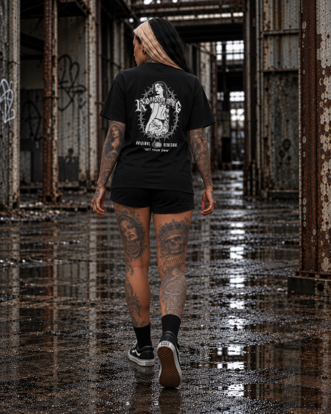 Trouble black graphic tee back view, model walking away in industrial setting