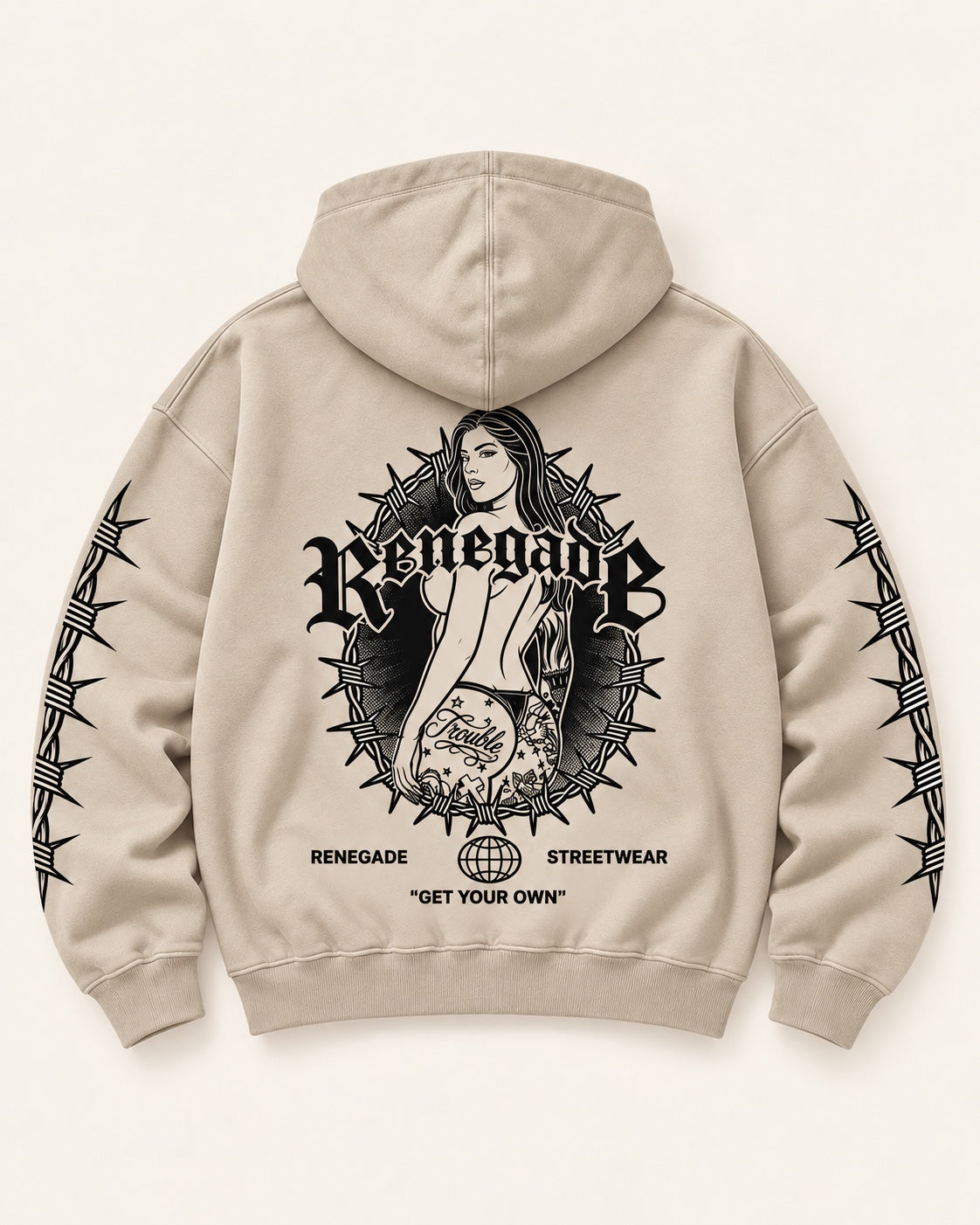 Colour: Beige / Black Print | Trouble Graphic Hoodie regular fit, back view.