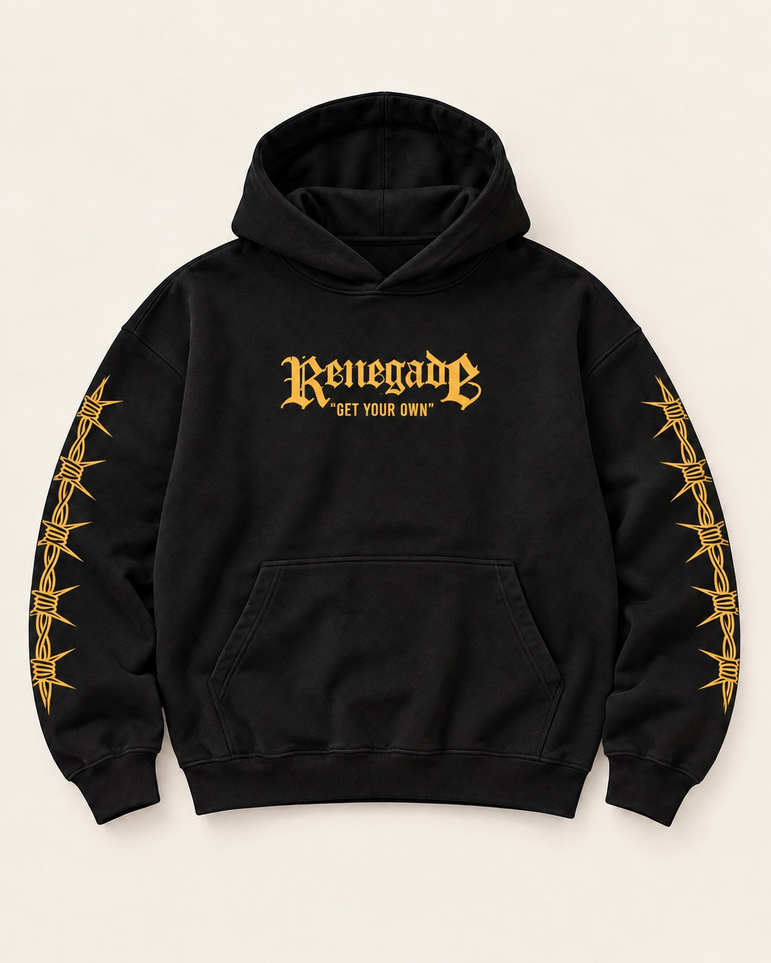 Colour: Black / Yellow Print | Trouble Graphic Hoodie regular fit, front view.