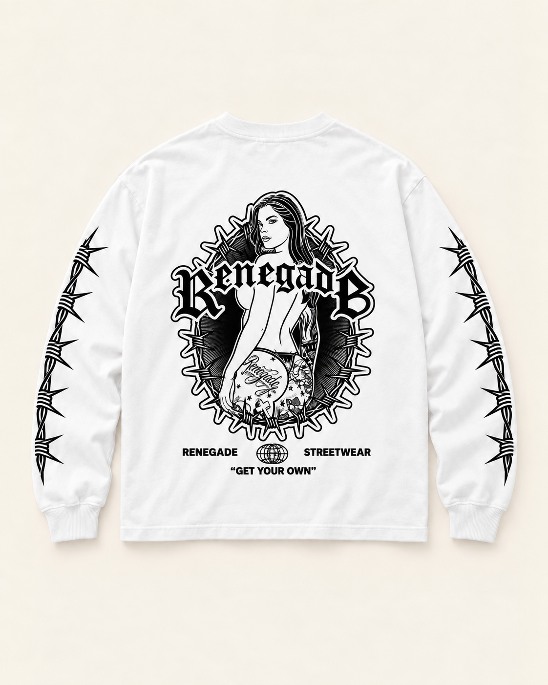 Colour: White / Black Print | Trouble long sleeve graphic tee back view - Original Renegade