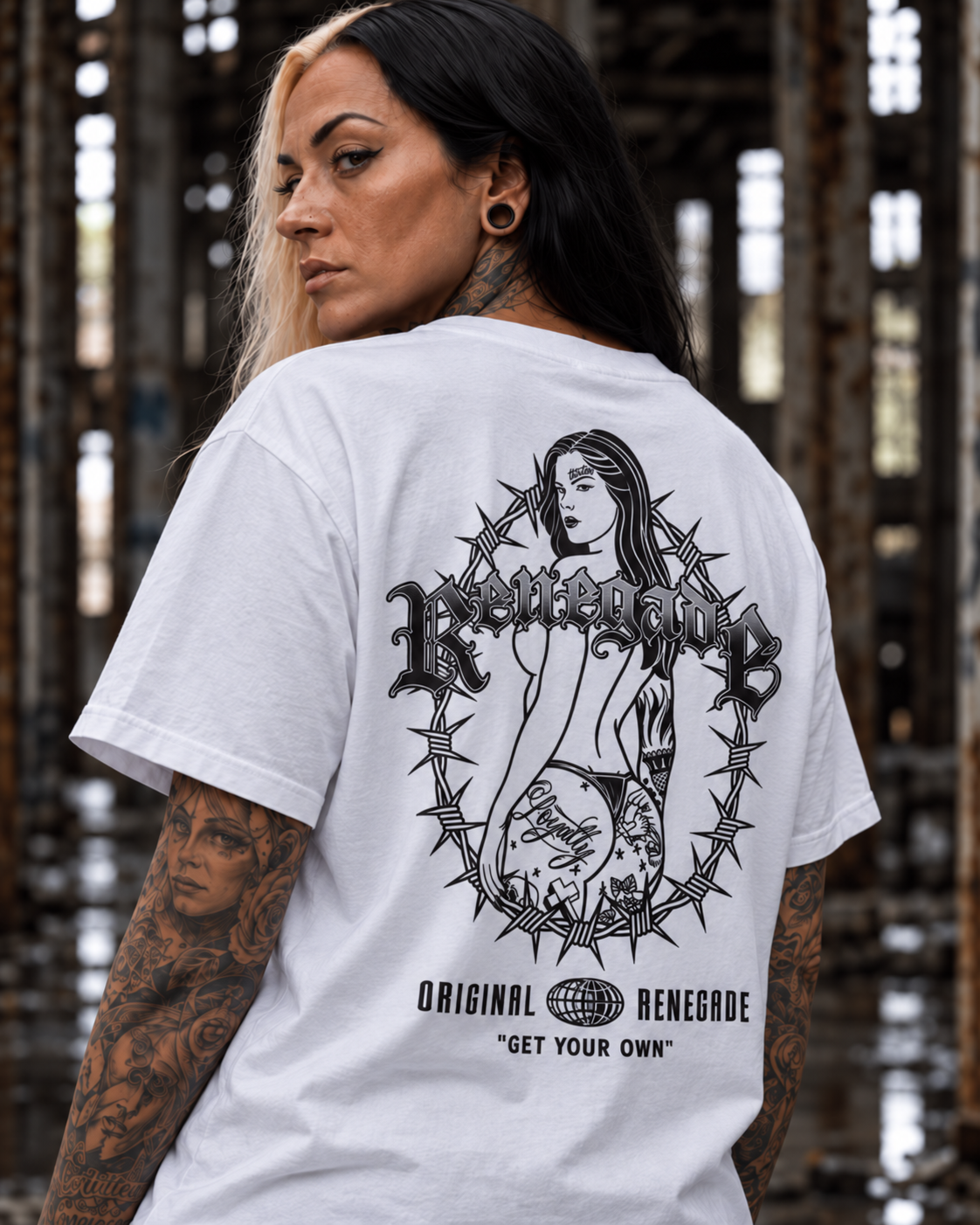 Trouble Tattoo Graphic Tee, close-up back print on model.