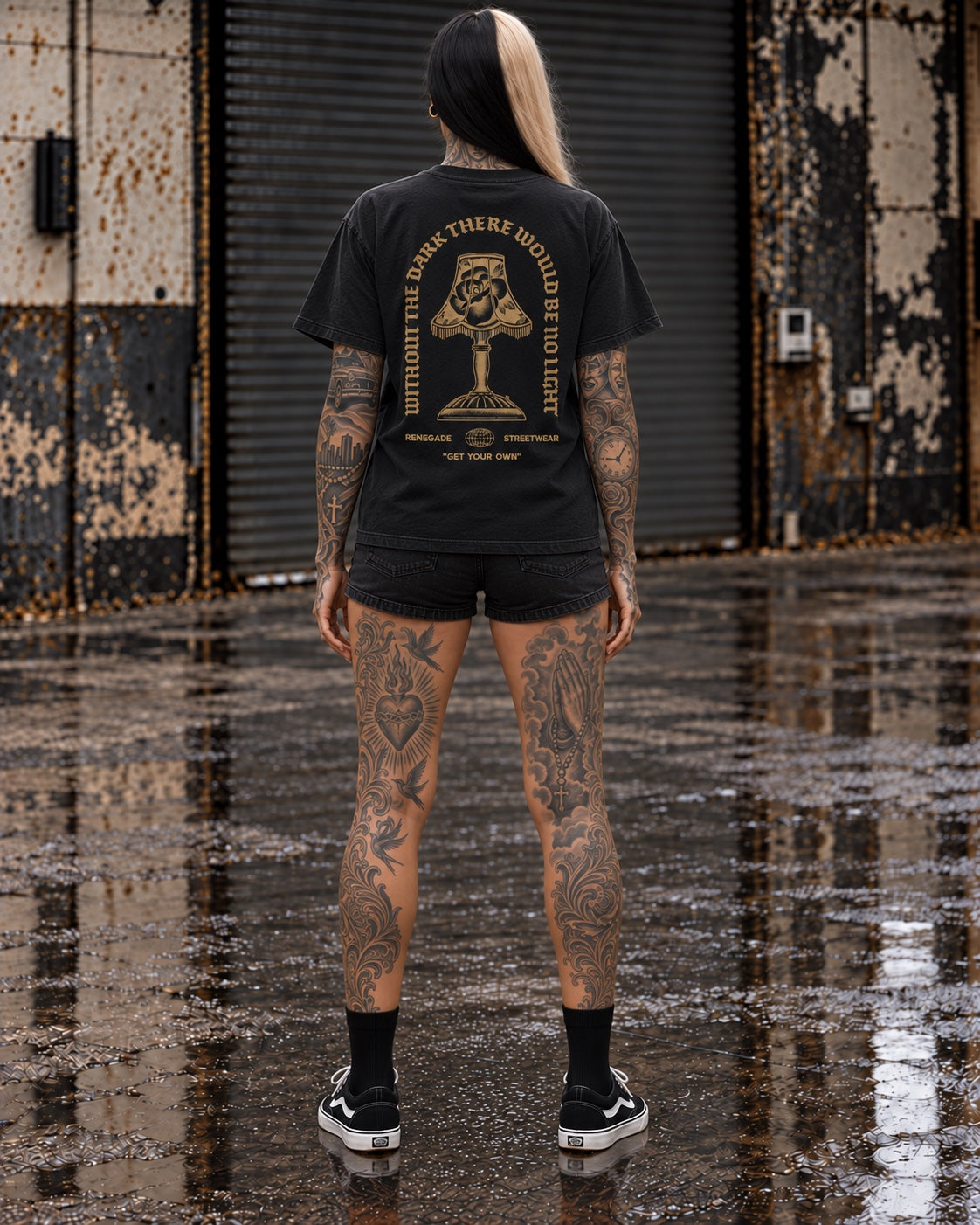 Without The Dark black graphic tee with mustard back print, rear view on model
