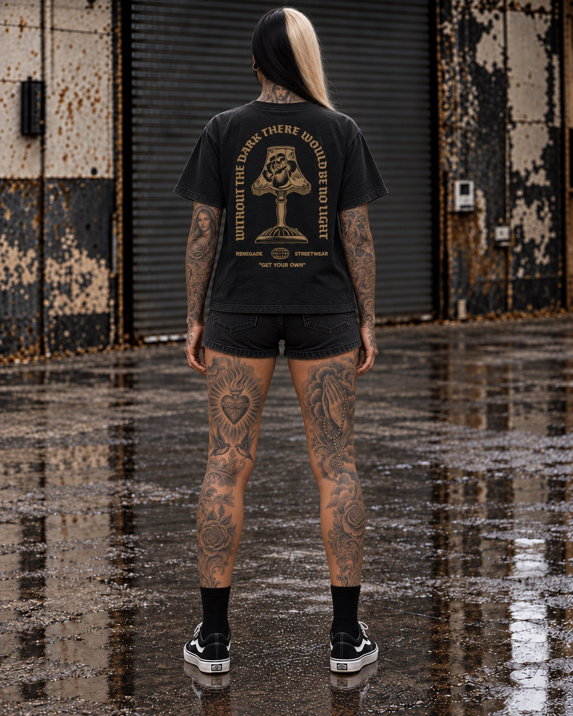 Without The Dark black graphic tee with mustard back print, straight rear view on model