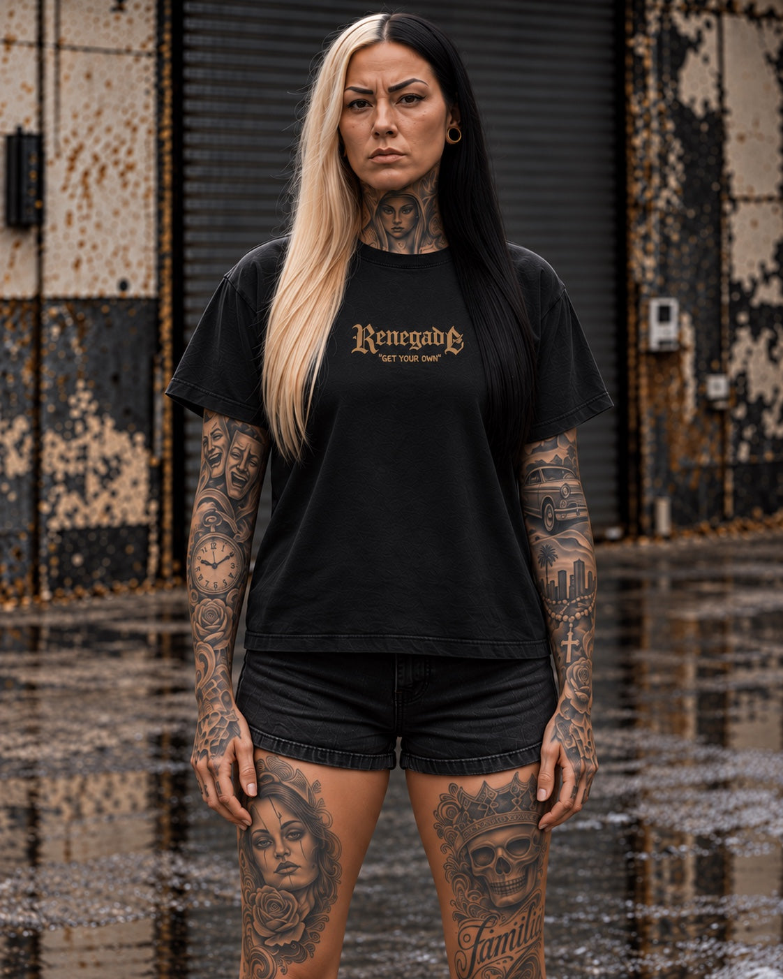 Without The Dark black graphic tee with mustard front print, front close-up on model
