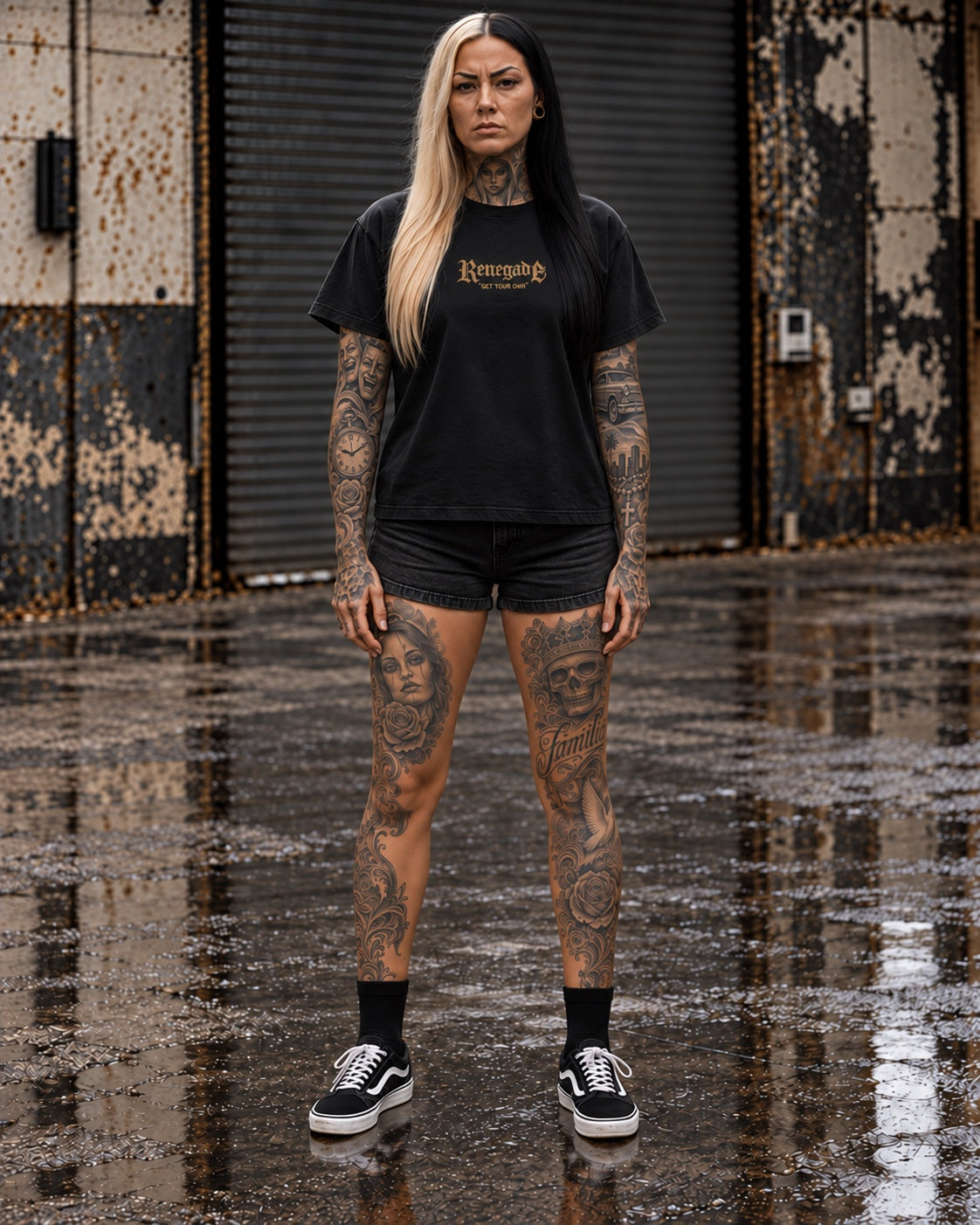 Without The Dark black graphic tee with mustard front print, full front view on model