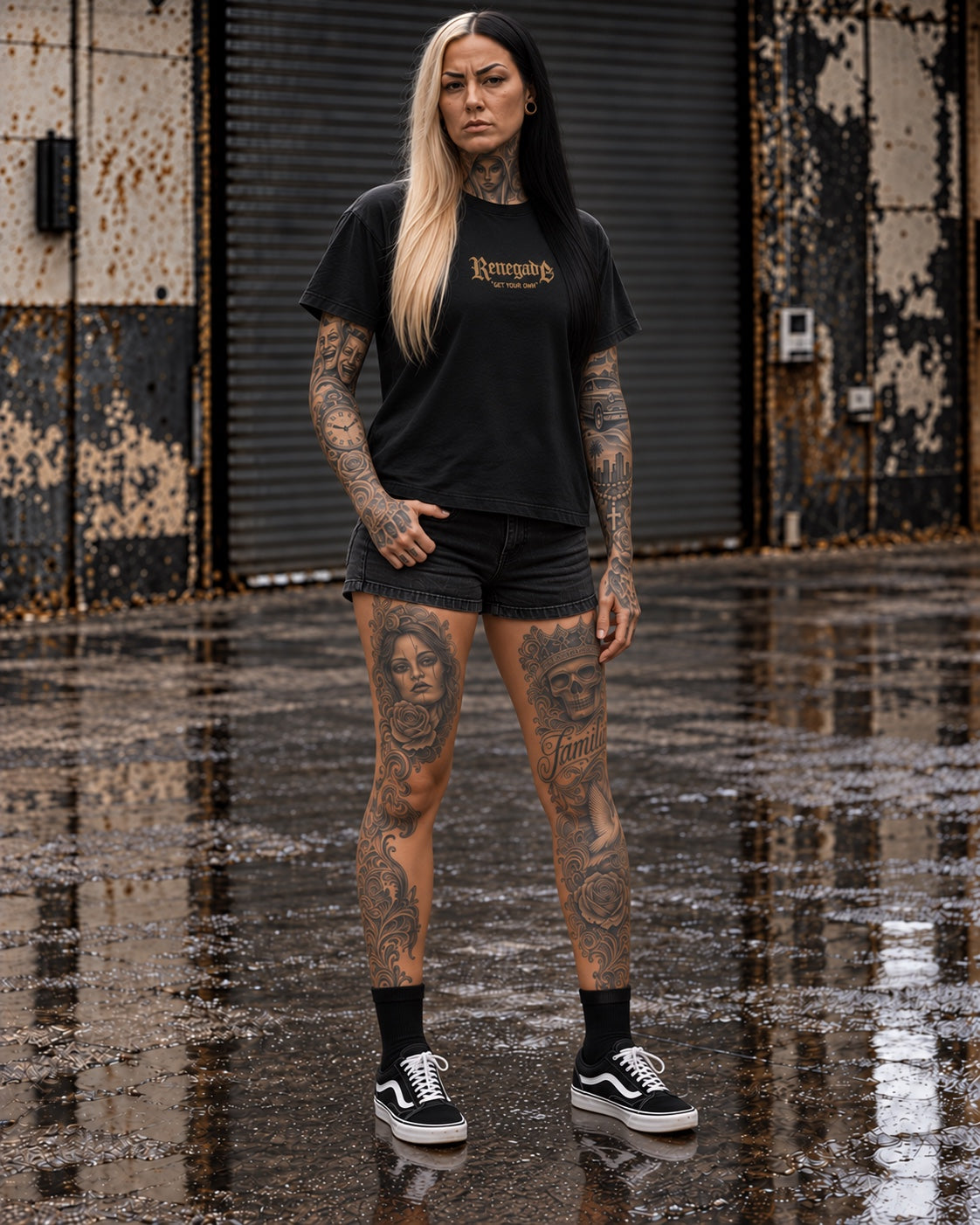 Without The Dark black graphic tee with mustard front print, front model pose